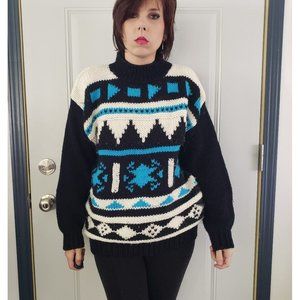 80s Black, White, and Blue‎ Hand Knit Geometric Sweater